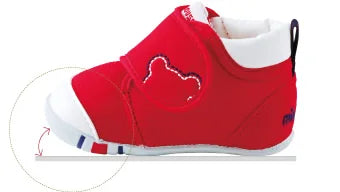 Side view showing the upward curve at the toe of a MIKI HOUSE shoe
