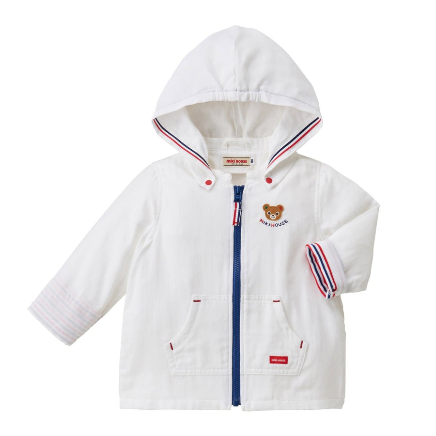 White lightweight hooded jacket with a blue front zipper.