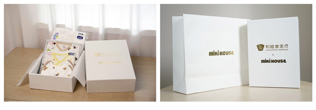 MIKI HOUSE newborn essentials in a gift box created with United Family Healthcare