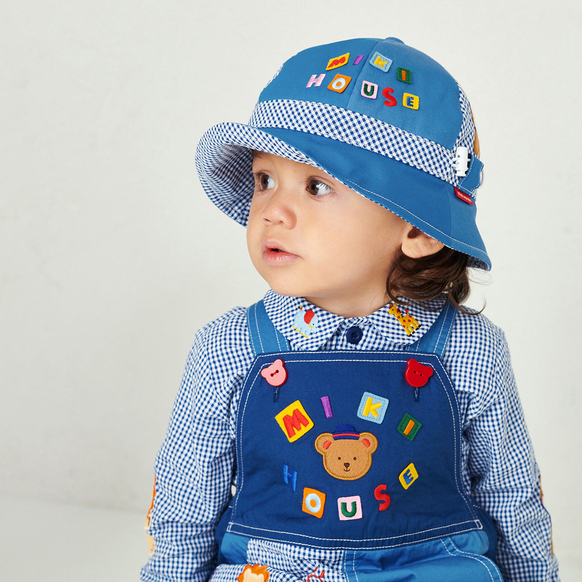 Classic MIKI HOUSE Bear Gingham Patchwork Hat (UV Protection)