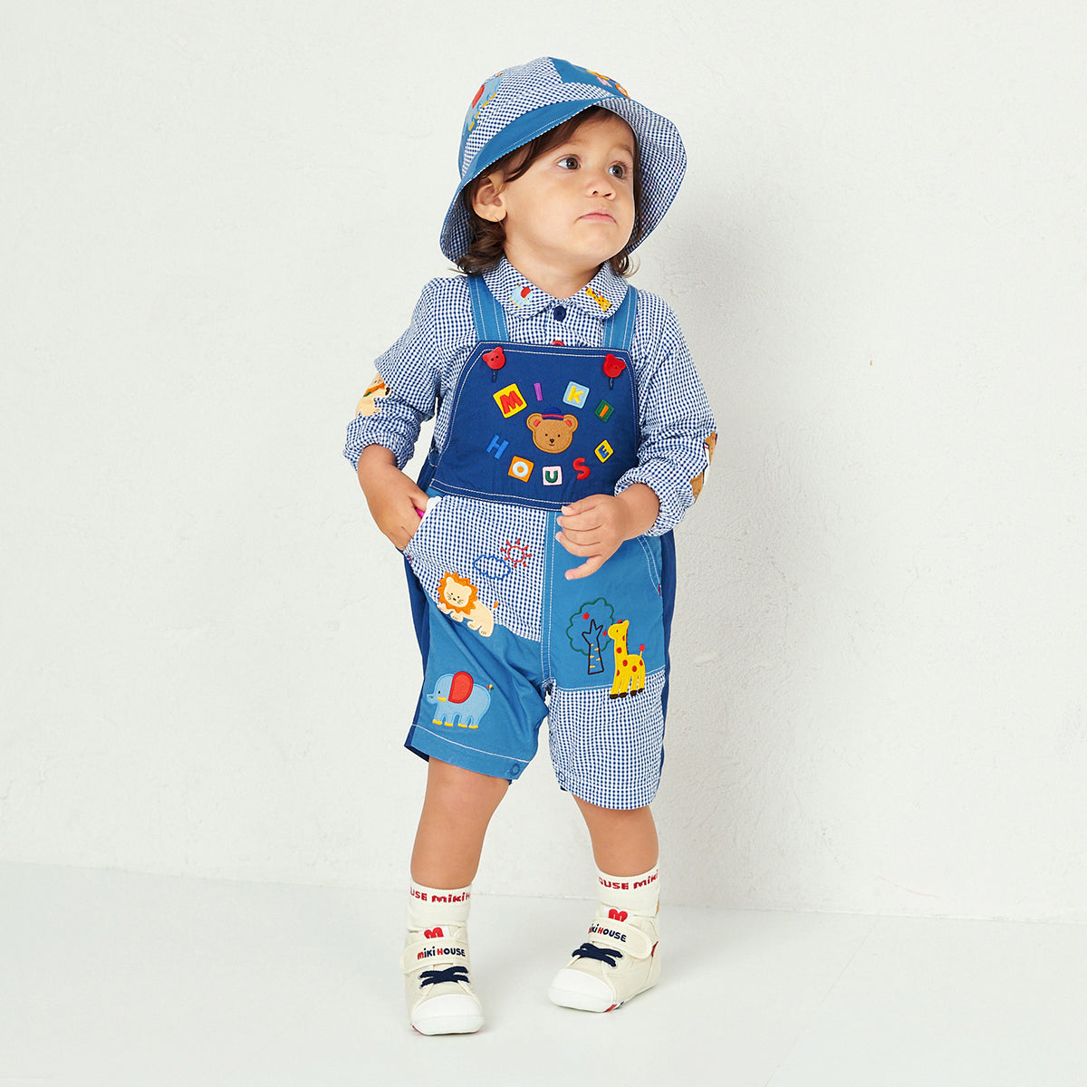 Classic MIKI HOUSE Bear Gingham Patchwork Hat (UV Protection)