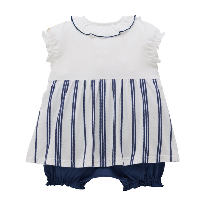 Teddy Bear Emblem Short Coastal Stripe Rompers