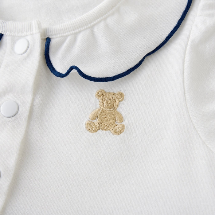 Teddy Bear Emblem Short Coastal Stripe Rompers