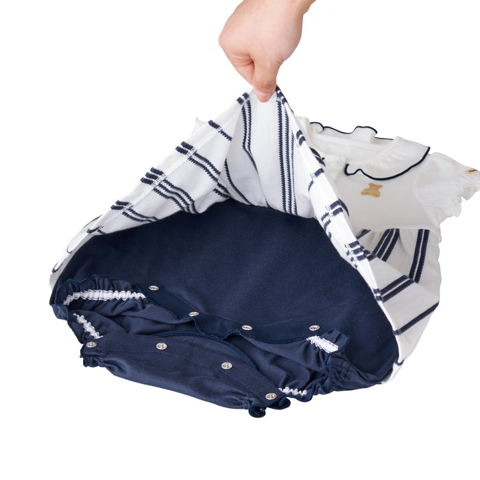 Teddy Bear Emblem Short Coastal Stripe Rompers