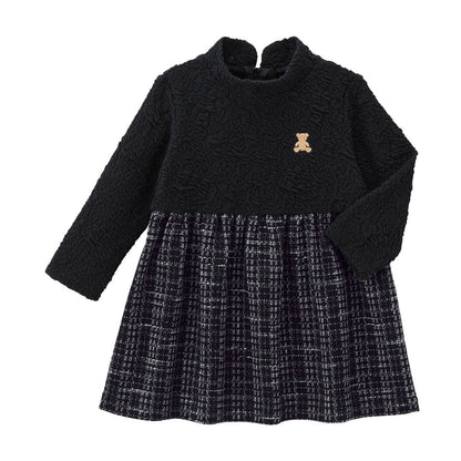 Teddy Bear Emblem Contrast High-Collar Dress