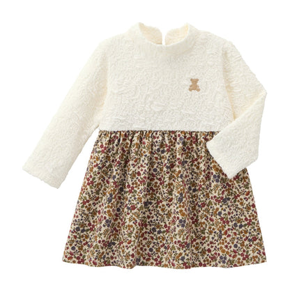Teddy Bear Emblem Contrast High-Collar Dress