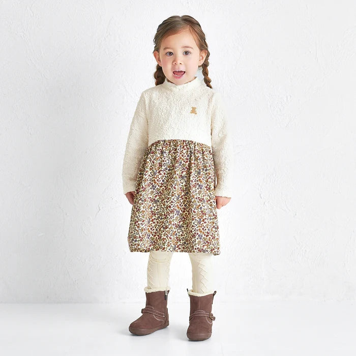 Teddy Bear Emblem Contrast High-Collar Dress