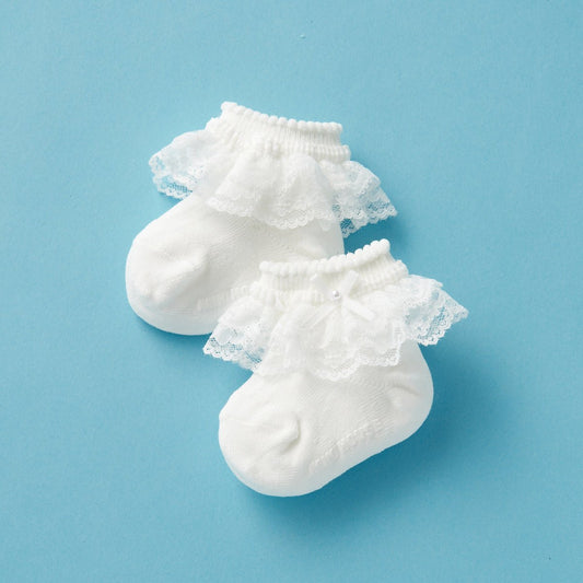 White Baby Socks with Lace and Pearl Bow - MIKI HOUSE USA